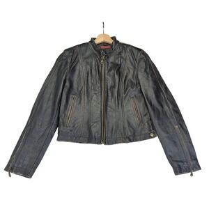 Wilsons Leather Jacket Womens Small Zip Up Black Cafe Racer Motorcycle Biker